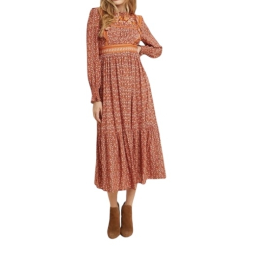 IN LOOM Women Orange Cottagecore Praire Long SleeveFloral Smocked Dress SZ Small
